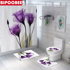 Colorido tulipán flores de loto árboles juegos de cortinas de ducha alfombras antideslizantes cubierta de tapa de inodoro y alfombrilla de baño cortinas de baño impermeables