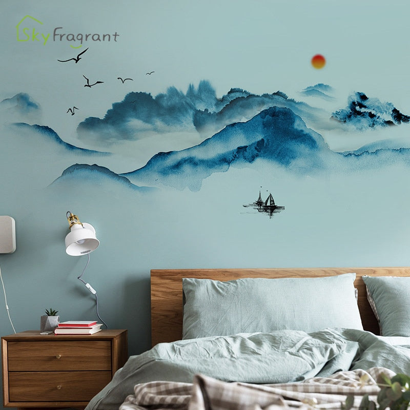 Landscape Ink Painting Wall Sticker Bedroom Bedside Decor Self-adhesive Stickers Living Room Decoration Wall Decor Home Decor