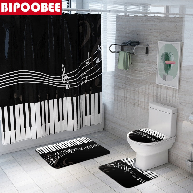 Set di tende da doccia antimuffa con ganci per pianoforte, musica, arredamento per il bagno, tappetini antiscivolo, copriwater, set di tappetini da bagno