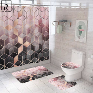 Set di tappetini da bagno con stampa geometrica in marmo, set di tappetini da bagno, morbido tappeto, antiscivolo, con coperchio per WC, tenda da bagno, decorazioni per la casa moderne