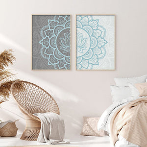 Póster de pintura en lienzo con Mandala azul y gris, patrón de flores bohemias, arte de pared Zen, impresión neutra, decoración de pared de Yoga silenciada para sala de estar