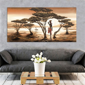 Impresiones en lienzo de paisaje y mujer de arte africano, Cuadros de sala de estar para el hogar de gran tamaño, pintura de pared decorativa, Cuadros