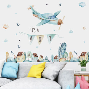 Cartoon Airplane Wall Stickers for Boy Kids rooms Small Town PVC Wall Decals Kindergarten Wall Decor DIY Art Home Decoration