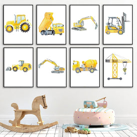 Строительная техника, акварель, детская настенная живопись, холст, живопись, автомобили, грузовики, постеры и принты, настенные панно, декор для комнаты для мальчиков