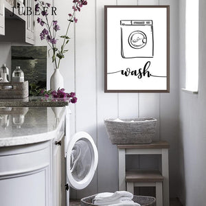 Cartel de prensa de lavado en seco para tienda de lavandería, imágenes artísticas de pared, decoración, impresiones en blanco y negro, pintura en lienzo para Cuadros de baño