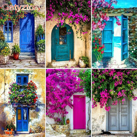 Pintura de paisaje de puerta azul GATYZTORY por números para adultos niños pintura al óleo pintada a mano lienzo dibujo ilustraciones decoración de pared 60x75c