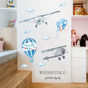 Dessin animé peint à la main avion chambre d'enfant chambre autocollant Mural ballon à air chaud Sticker Mural amovible vinyle Art Mural affiche