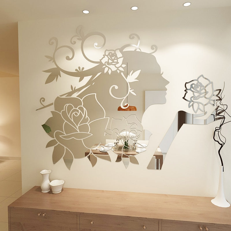 Fata dei fiori Adesivi murali specchio acrilico Camera da letto Adesivi murali 3D Camera da letto Soggiorno Adesivi murali fai da te per la casa