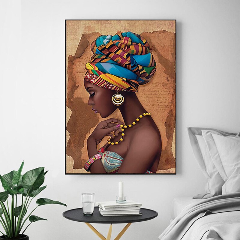 African Art Woman Painting Prints on Canvas Beauty Girl Scandinavian Posters Wall Art Picture for Living Room Horse Decor