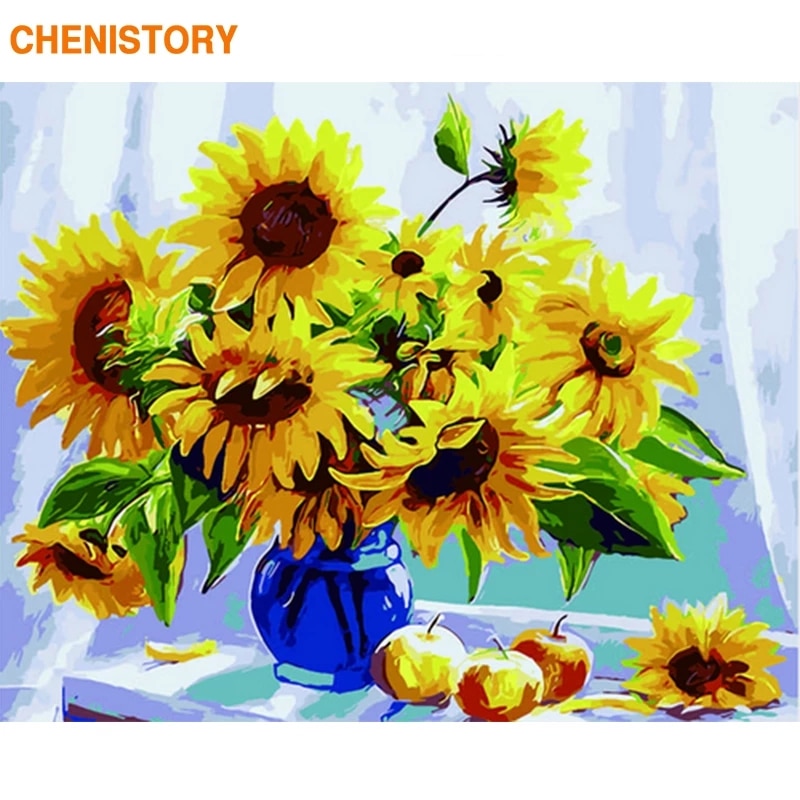 Rahmenloses Bild Diy Malen nach Zahlen Sonnenblumen Blumen Wandkunst Bild nach Zahlen Kalligrafie & Malerei