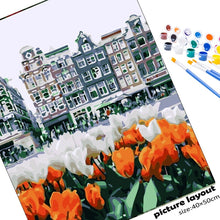 Cargar imagen en el visor de la galería, Kits de pintura por números DIY de GATYZTORY, cuadro al óleo de casa de río y flor roja por número, decoración de pared moderna para el hogar, artesanías