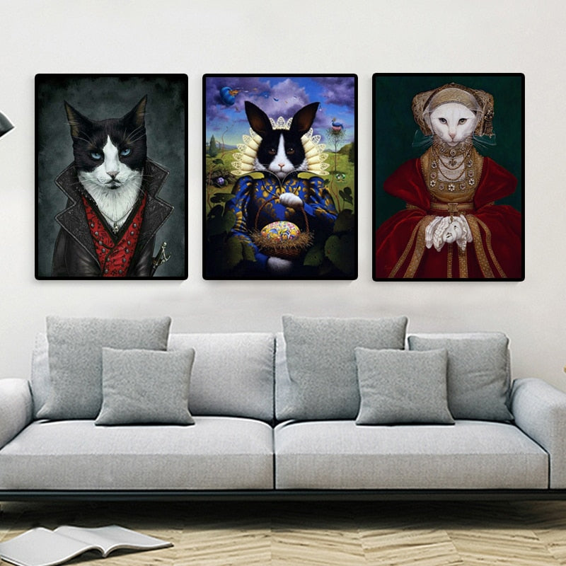 Gato perro vaca retrato Vintage cuadro sobre lienzo para pared carteles nórdicos e impresiones cuadros de pared para sala de estar decoración de pared del hogar