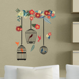 Pegatinas de pared de jaula de pájaros de flores coloridas para sala de estar, dormitorio, decoración del hogar, calcomanías de pared, murales grandes, póster de arte de PVC