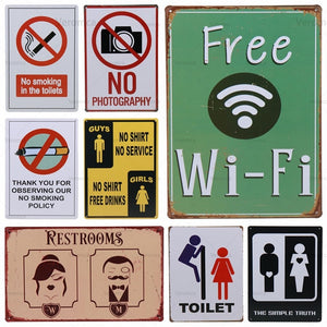Wc Free Wifi Toilet No Smoking Vintage Metal Sign Poster Plaque Tin Signs Iron Painting Pub Club Restroom Toilet Decor Plates