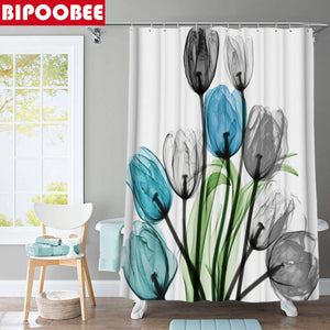 Colorido tulipán flores de loto árboles juegos de cortinas de ducha alfombras antideslizantes cubierta de tapa de inodoro y alfombrilla de baño cortinas de baño impermeables