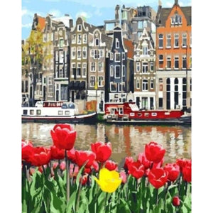 GATYZTORY DIY Painting By Numbers Kits Red Flower And River House Oil Picture By Number Modern Home Decor Wall Art Crafts