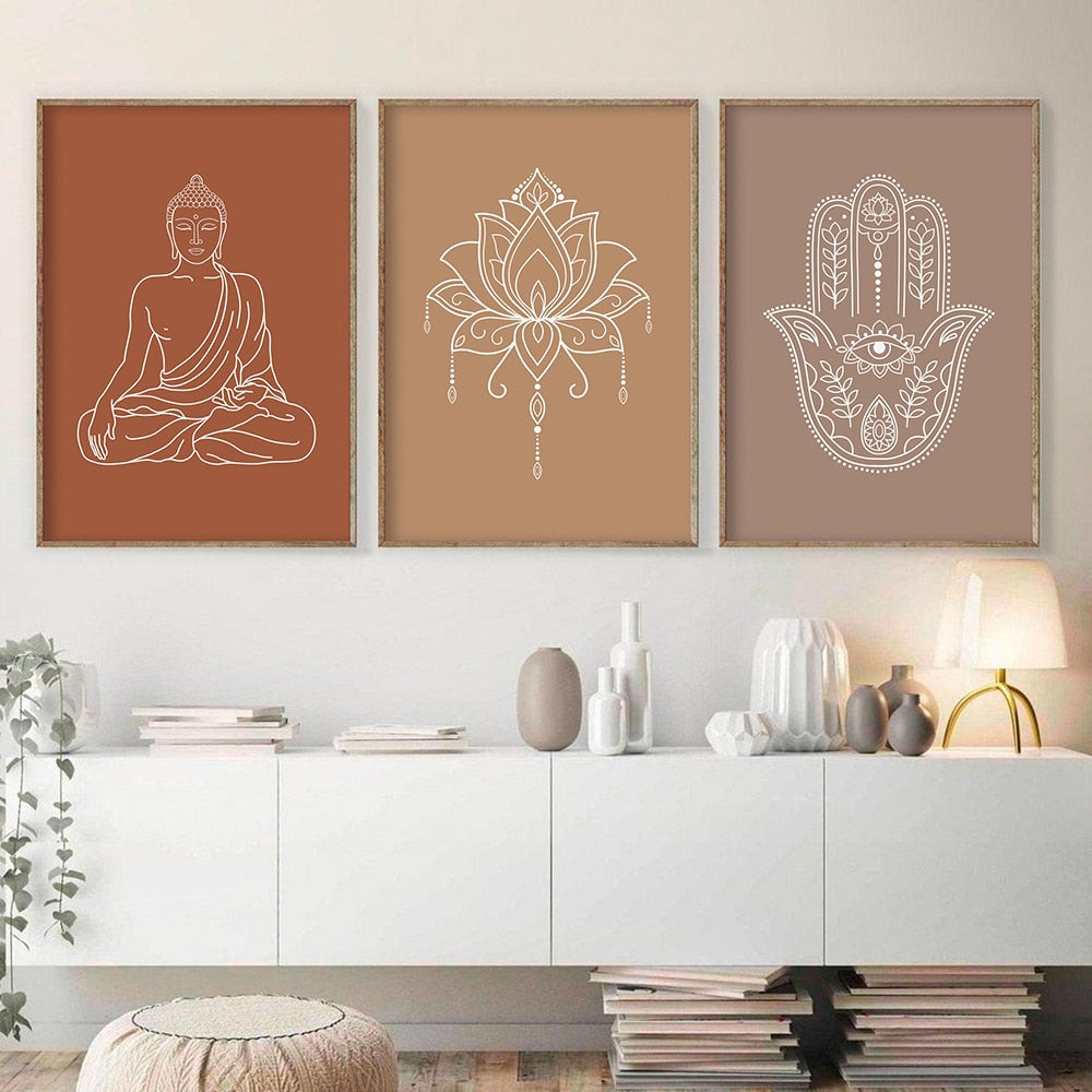 Mandala Buda loto colores neutros Boho pared arte lienzo impreso pintura póster imagen Zen Yoga sala de estar hogar Decoración Interior