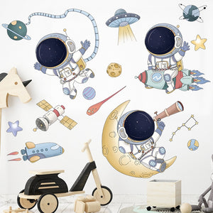 Pegatina de pared de nave espacial de dibujos animados para habitaciones de niños, guardería, astronauta, OVNI, decoración de pared, vinilo, calcomanías de pared, murales de arte, decoración del hogar