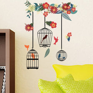 Adesivi murali colorati gabbia per uccelli con fiori per soggiorno, camera da letto, decorazione domestica, adesivi murali, grandi murales, poster artistici in PVC