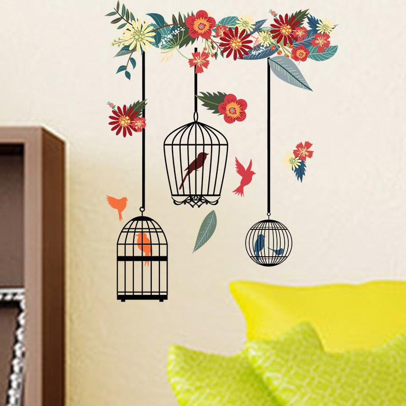 Pegatinas de pared de jaula de pájaros de flores coloridas para sala de estar, dormitorio, decoración del hogar, calcomanías de pared, murales grandes, póster de arte de PVC