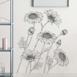 Schwarz skizzierte Sonnenblumen-Wandaufkleber, Wohnzimmer, Schlafzimmer, Wanddekoration, abnehmbare Vinyl-Wandaufkleber für Raumdekoration, Heimdekoration