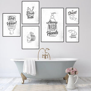 Cepillo de dientes, lavado de manos, imagen con cita de baño, decoración de pared de baño, pintura en lienzo, Póster Artístico, impresiones en blanco y negro para baño HD2892