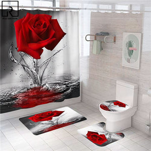 Blue Red Pink Rose Print Shower Curtain with Hooks, Bathroom Mat Set Anti-slip Soft Bath Carpet Lover Valentines Home Decoration