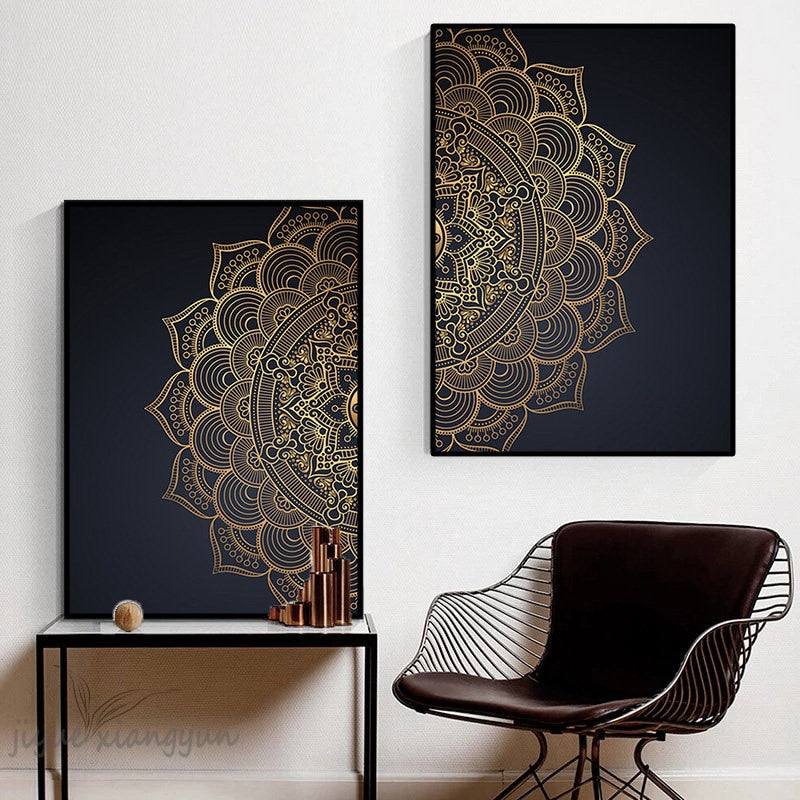 Pósteres abstractos de Mandala modernos de oro negro, pintura en lienzo, imágenes artísticas de pared para sala de estar, dormitorio, decoración Interior del hogar