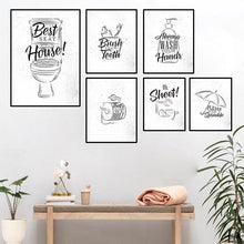 Загрузите изображение в программу просмотра галереи, Кисть для мытья зубов, туалет, цитата, картина, декор для ванной комнаты, холст, живопись, художественный постер, черный, белый цвет, принты для туалета HD2892