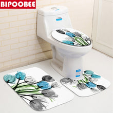 Загрузите изображение в программу просмотра галереи, Красочные тюльпаны, цветы лотоса, деревья, наборы занавесок для душа, нескользящие коврики, крышка для унитаза и коврик для ванной, водонепроницаемые занавески для ванной комнаты