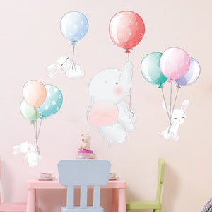 Cartoon Multicolor Ballon Elefant Wandaufkleber für Kinderzimmer Kindergarten Wanddekor Kaninchen Vinyl Wandtattoos Wohnkultur
