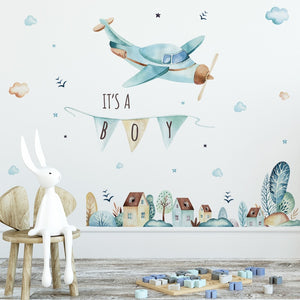 Pegatinas de pared de avión de dibujos animados para niños, habitaciones de niños, calcomanías de pared de PVC de ciudad pequeña, decoración de pared de jardín de infantes, arte DIY, decoración del hogar