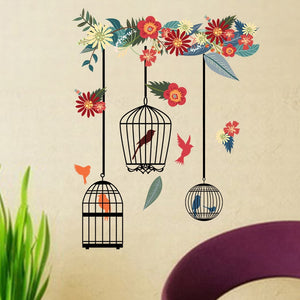Adesivi murali colorati gabbia per uccelli con fiori per soggiorno, camera da letto, decorazione domestica, adesivi murali, grandi murales, poster artistici in PVC