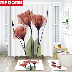 Colorful Tulip Lotus Flowers Trees Shower Curtain Sets Non-Slip Rugs Toilet Lid Cover and Bath Mat Waterproof Bathroom Curtains