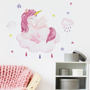 Adesivi murali unicorno sorridente per la camera dei bambini Decorazione della parete di fondo della camera delle ragazze Decalcomanie da muro in vinile rimovibili per la decorazione della casa della scuola materna