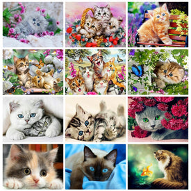 Huacan Diamante Mosaico Animale Pittura Diamante Gatti Diamante Ricamo Punto Croce Fiori Immagine di Strass Artigianato