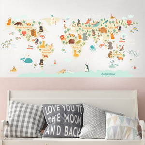Pegatinas de pared con mapa de animales de dibujos animados para habitación de niños, decoración de pared de guardería, vinilo, calcomanías de pared de PVC, murales de arte, decoración del hogar