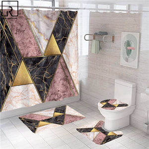 Geometrischer Marmordruck Duschvorhang Badematte Set Weicher Teppich Anti-Rutsch-Teppich Toilettendeckelabdeckung Badezimmervorhang Moderne Wohnkultur