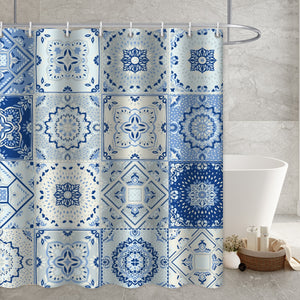 Cortinas de ducha azules con tema bohemio, accesorios de baño, tela impermeable con estampado 3D bonito con ganchos, cortina de decoración con patrón geométrico