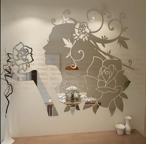 Pegatinas de pared de espejo acrílico de hada de las flores, pegatinas de pared 3D para dormitorio, sala de estar, hogar, pegatinas de decoración atística de pared DIY