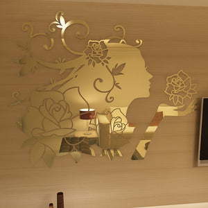 Fata dei fiori Adesivi murali specchio acrilico Camera da letto Adesivi murali 3D Camera da letto Soggiorno Adesivi murali fai da te per la casa