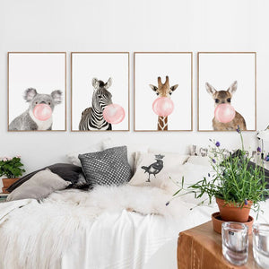 Bubble Kaugummi Giraffe Zebra Tier Poster Leinwand Kunst Malerei Wandkunst Kinderzimmer Deko Bild Nordischer Stil Kinder Deko