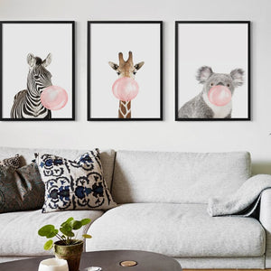Pósteres de animales de cebra y jirafa de chicle de burbujas, pintura artística en lienzo, arte de pared para guardería, cuadro decorativo de estilo nórdico, decoración para niños