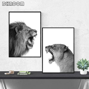 Lion and Lioness Canvas Poster Black White Woodlands Animal Wall Art Print Painting Nursery Wall Art Picture for Living Room