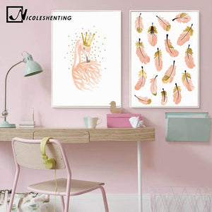 Nursery Girl Bedroom Decoration Flamingo Feather Wall Art Canvas Poster and Print Cartoon Painting Wall Pictures for Living Room