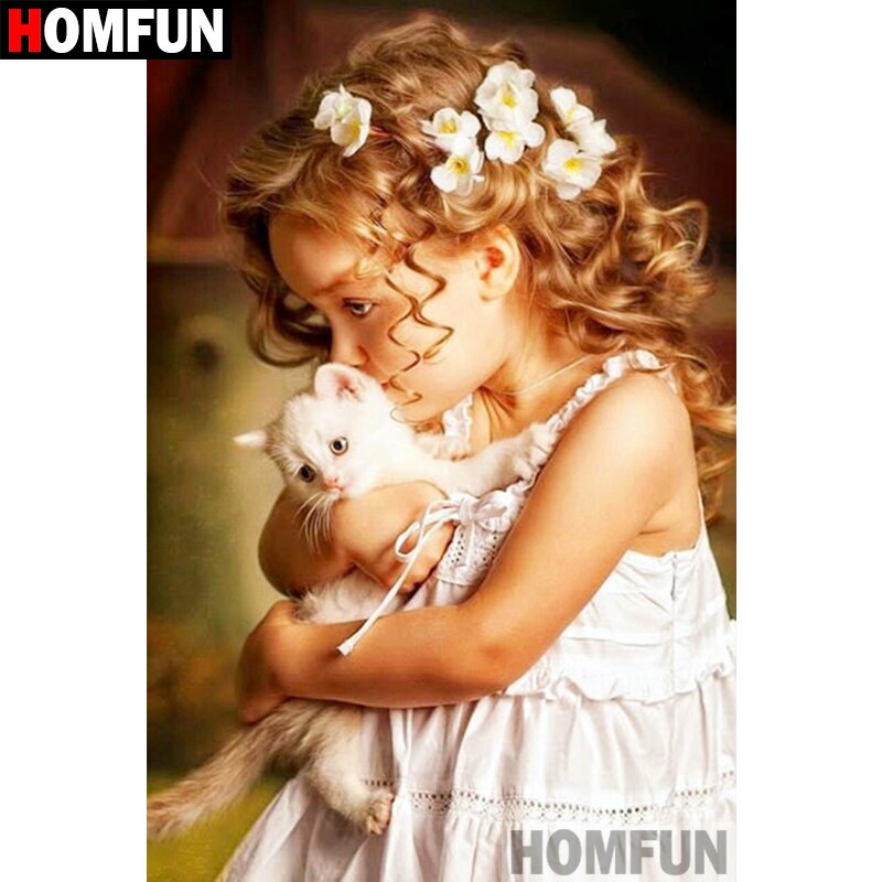 HOMFUN Full Square/Round Drill 5D DIY Diamond Painting "Girl & cat" 3D Embroidery Cross Stitch 5D Home Decor Gift A15085