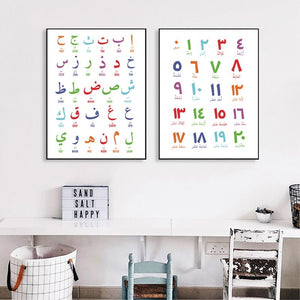Cuadro sobre lienzo para pared árabe islámico, letras árabes, alfabeto, números, póster, impresiones para guardería, Arte de la pared Decoración de habitación para niños