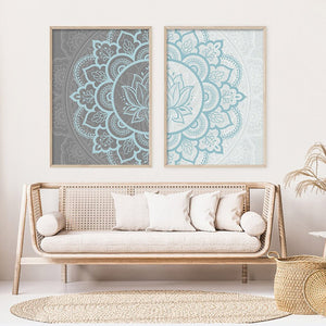 Póster de pintura en lienzo con Mandala azul y gris, patrón de flores bohemias, arte de pared Zen, impresión neutra, decoración de pared de Yoga silenciada para sala de estar