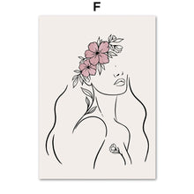Cargar imagen en el visor de la galería, Cuadro sobre lienzo para pared de niña con cuerpo de flor de línea dibujada, carteles nórdicos abstractos e impresiones, imágenes de pared para decoración para las paredes del salón