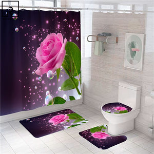 Blue Red Pink Rose Print Shower Curtain with Hooks, Bathroom Mat Set Anti-slip Soft Bath Carpet Lover Valentines Home Decoration